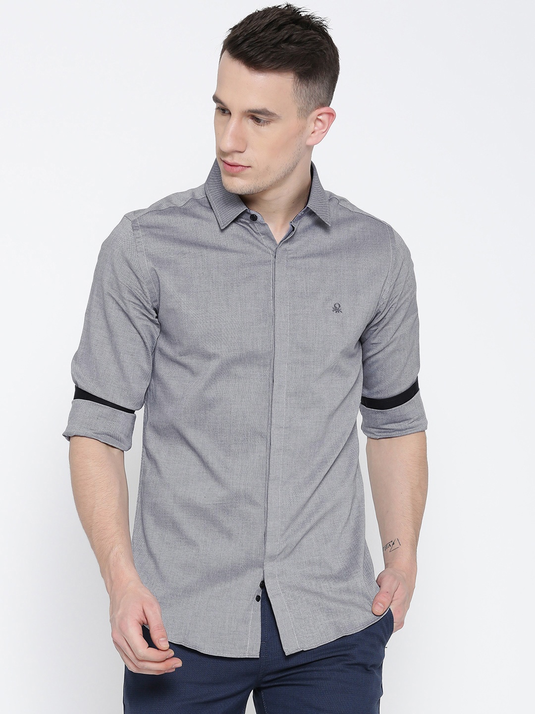 

United Colors of Benetton Men Grey Solid Casual Shirt