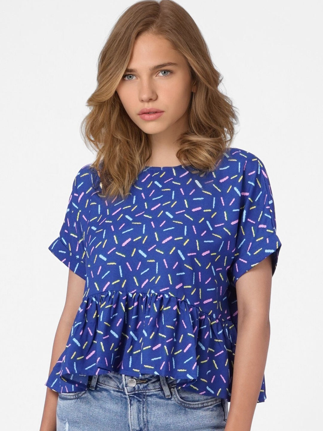 

ONLY Women Blue Geometric Printed Peplum Top
