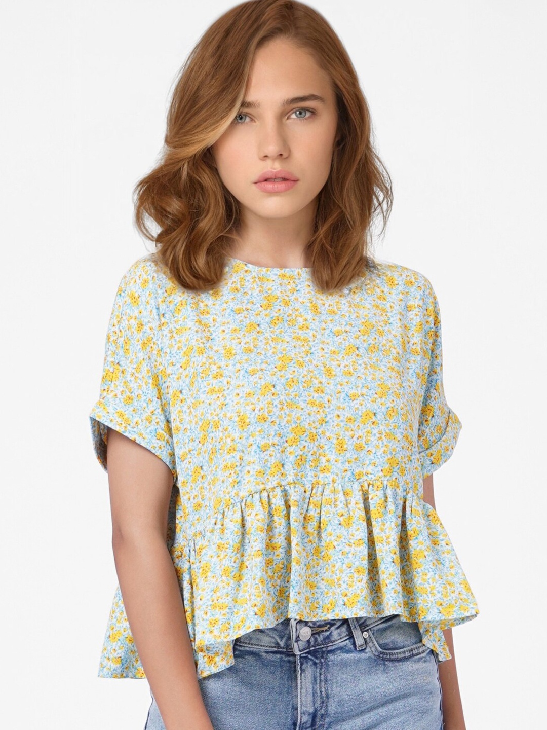 

ONLY Blue & Yellow Floral Print Extended Sleeves Top