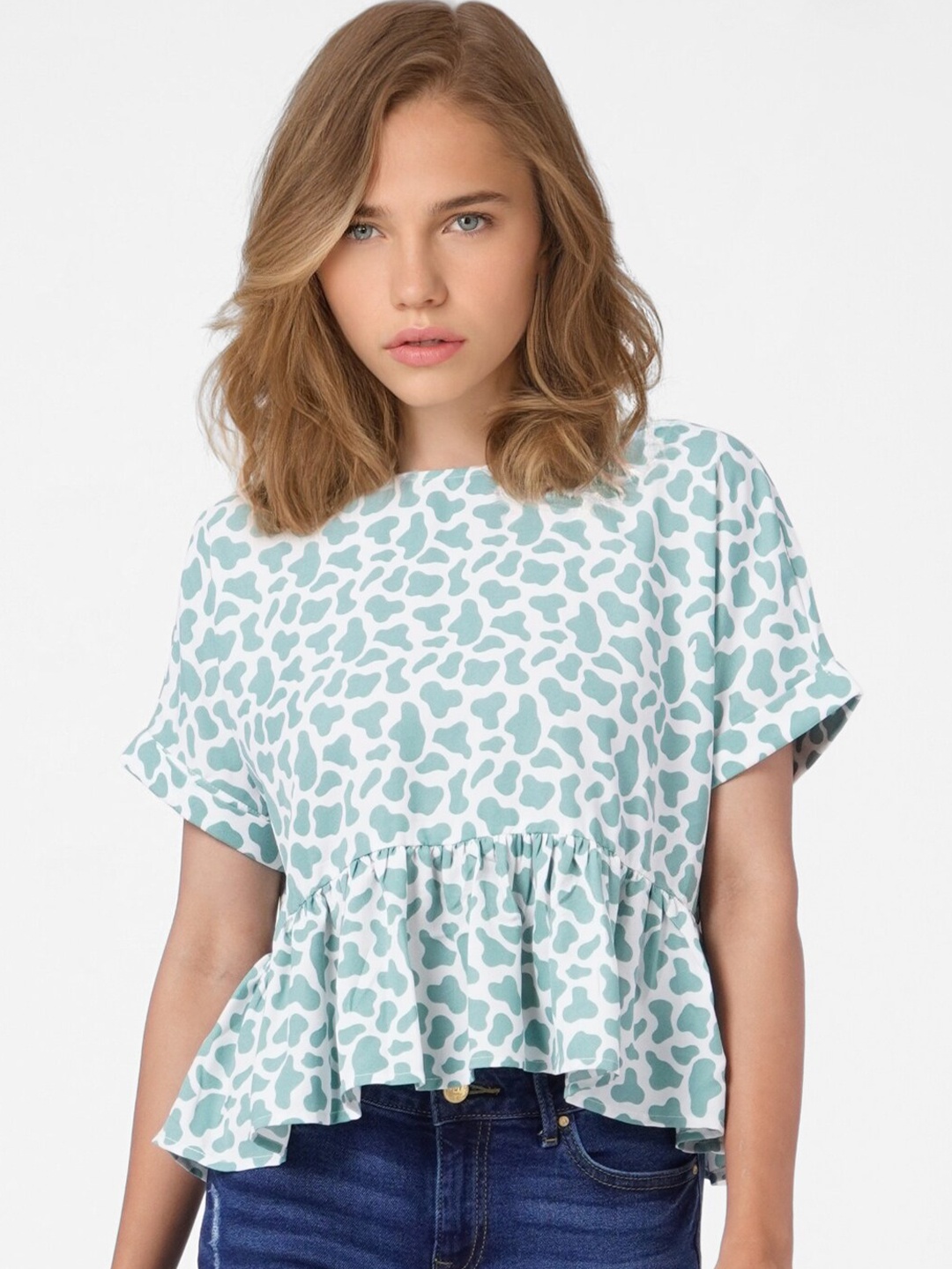 

ONLY Green Geometric Print Peplum Top