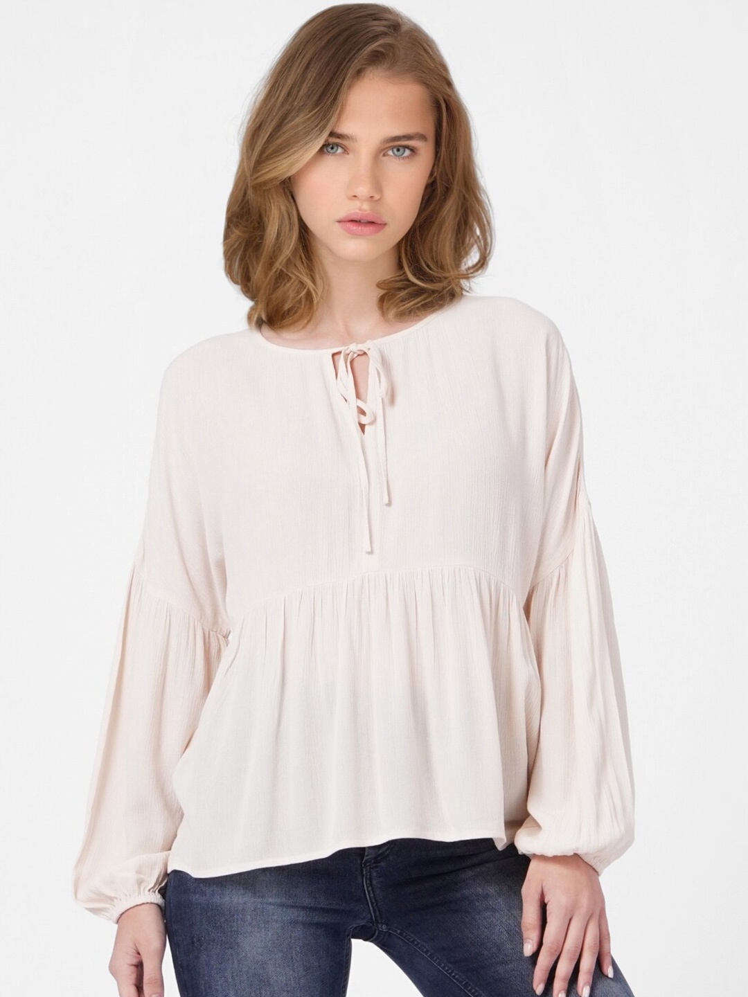 

ONLY Pink Tie-Up Neck Cinched Waist Top