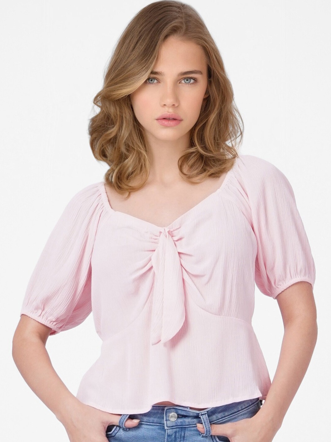 

ONLY Pink Solid Tie-Up Neck Top