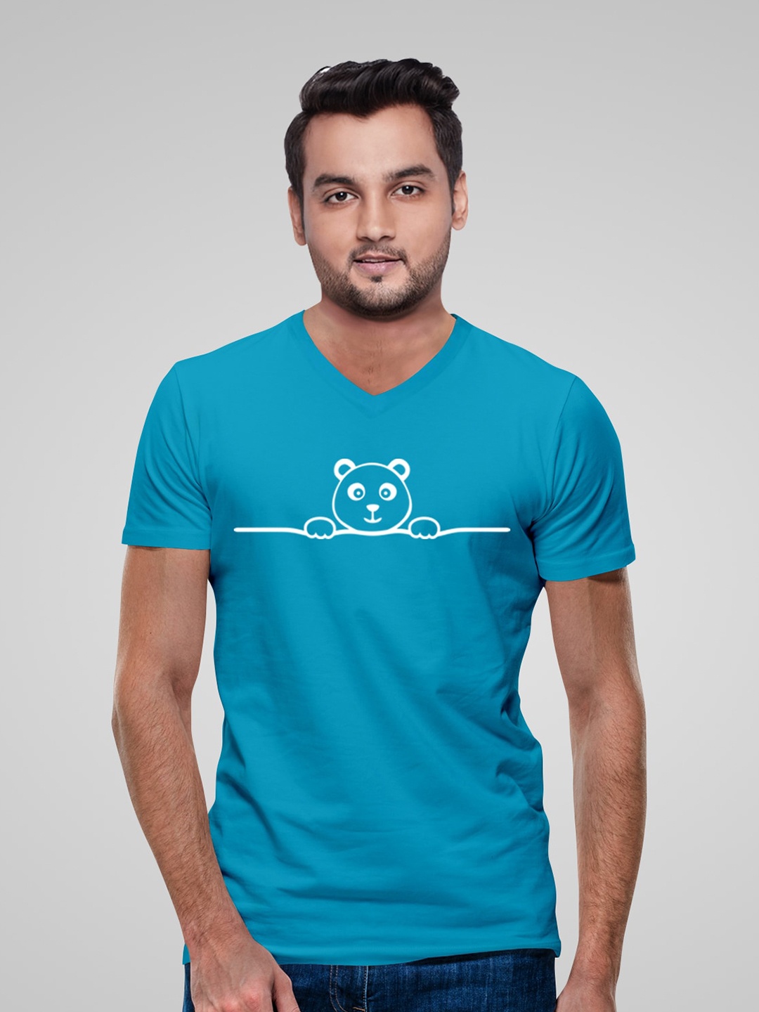 

Pootlu Men Turquoise Blue Printed V-Neck Cotton T-shirt