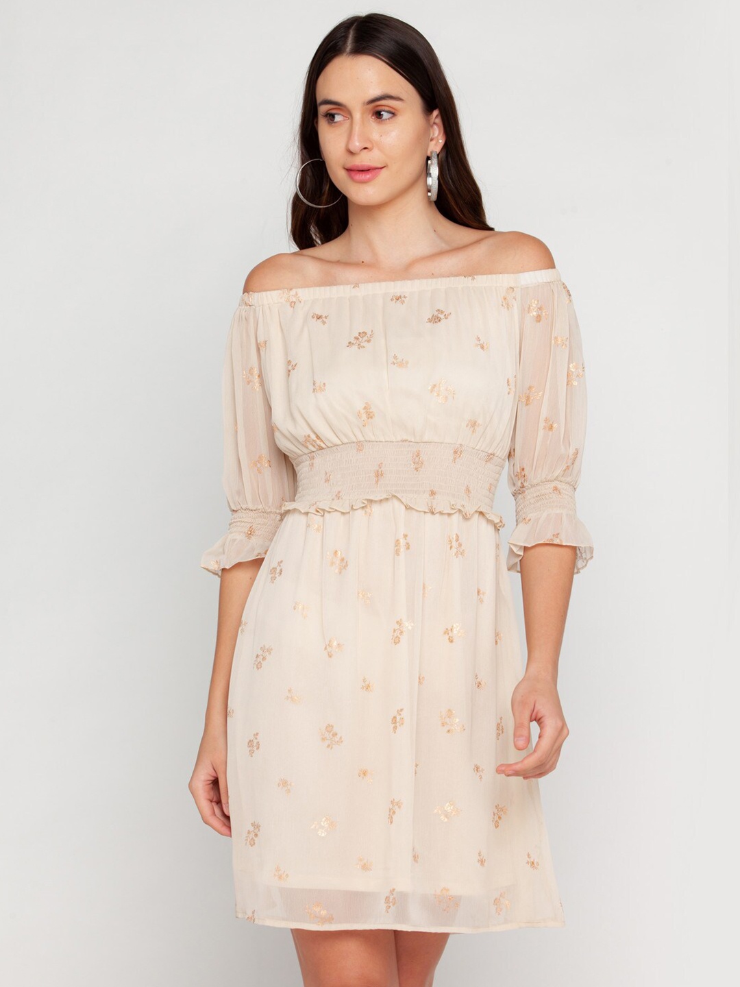 

Zink London Beige Floral Off-Shoulder Dress