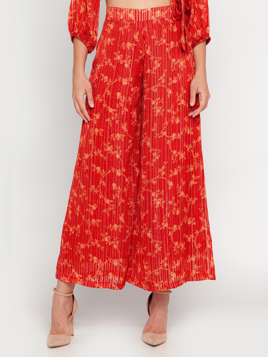 

Zink London Women Rust Red & Yellow Floral Printed Palazzos