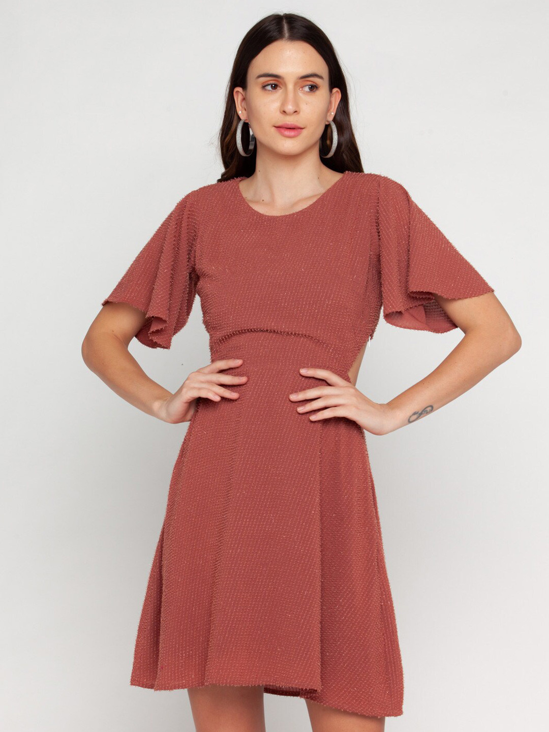 

Zink London Women Pink Self Design A-Line Dress