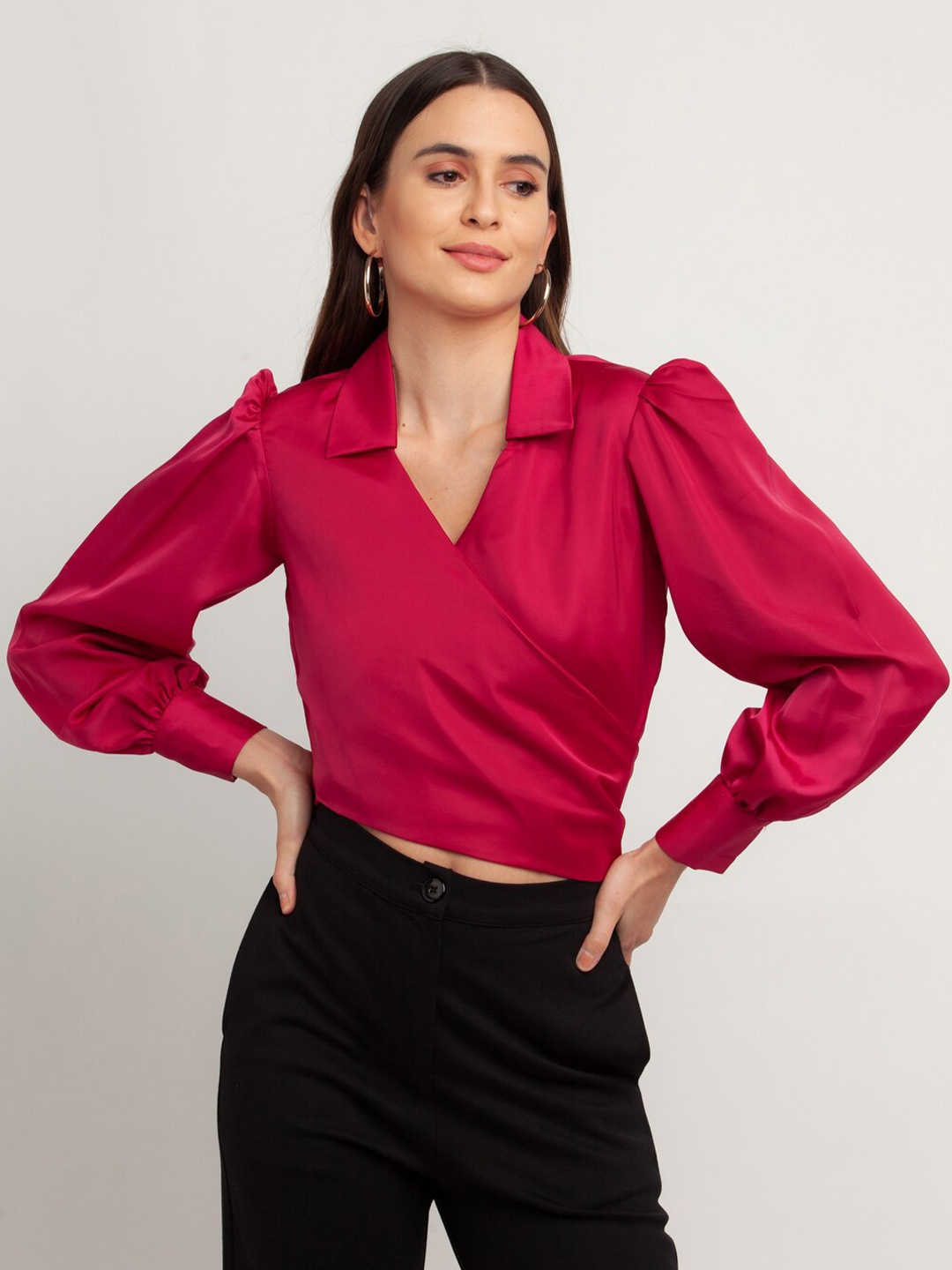 

Zink London Women Pink Bishop Sleeves Wrap Crop Top