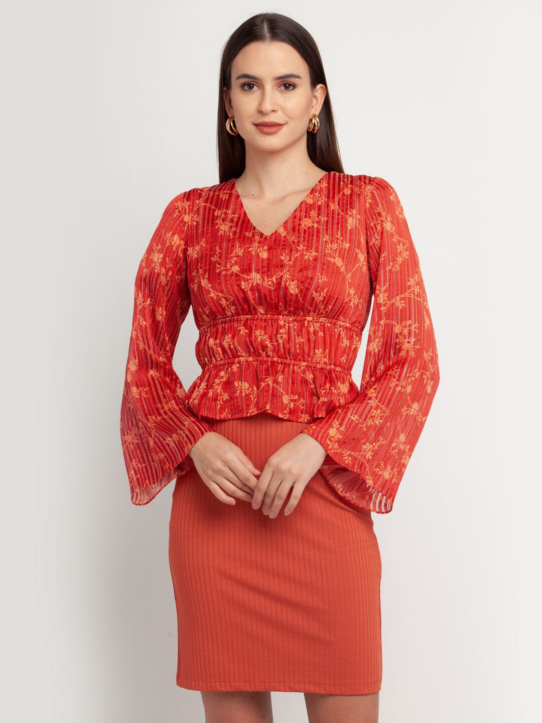 

Zink London Women Rust Floral Printed Top
