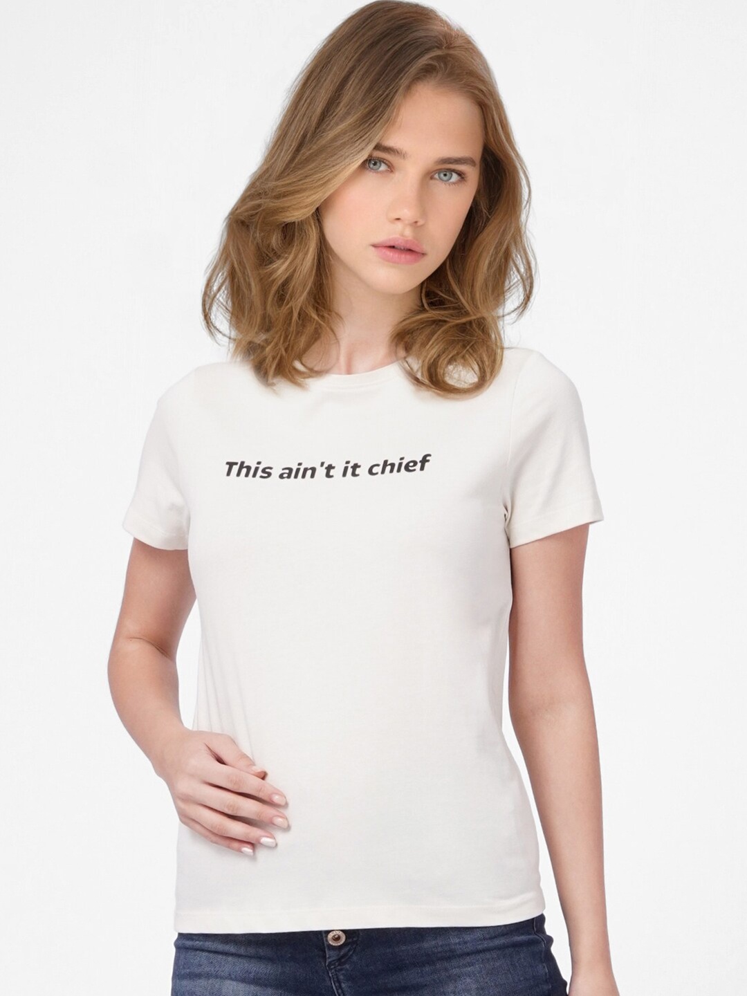 

ONLY Women Beige Typography Printed T-shirt
