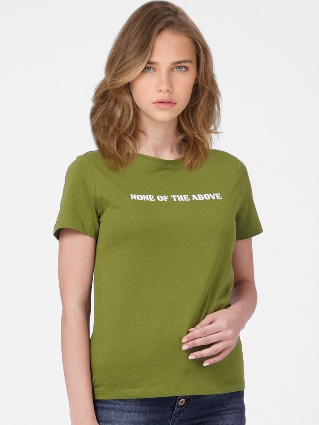 

ONLY Women Green Typography Printed Cotton T-shirt