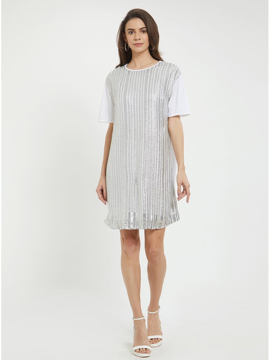 

aaliya White & Grey Striped Sequined Embellished A-Line Dress
