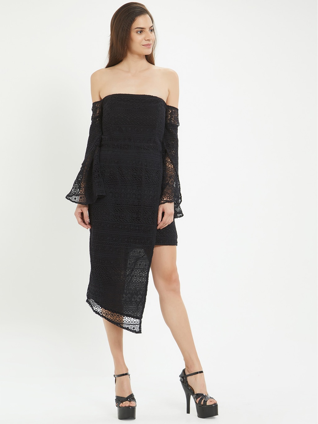 

aaliya Black Off-Shoulder Lace Asymmetric Bodycon Midi Dress