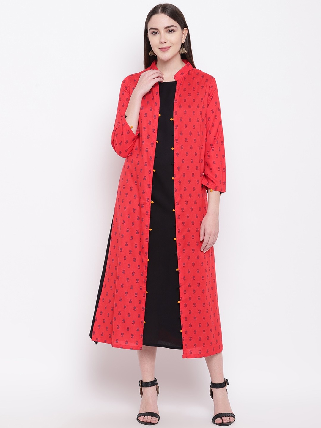 

RIVI Red & Black Ethnic Motifs A-Line Midi Cotton Dress