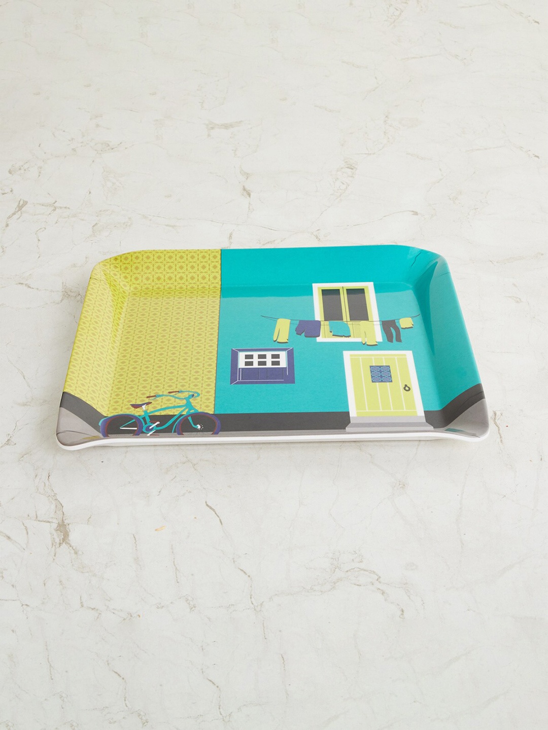 

Home Centre Teal Blue & Lime Green Printed Square Melamine Raisa-Lisbon Serving Tray