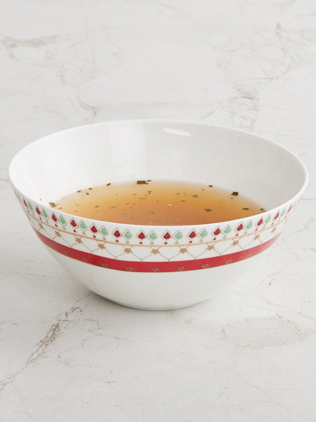 

Home Centre White & Red Geometric Printed Bone China Glossy Bowl
