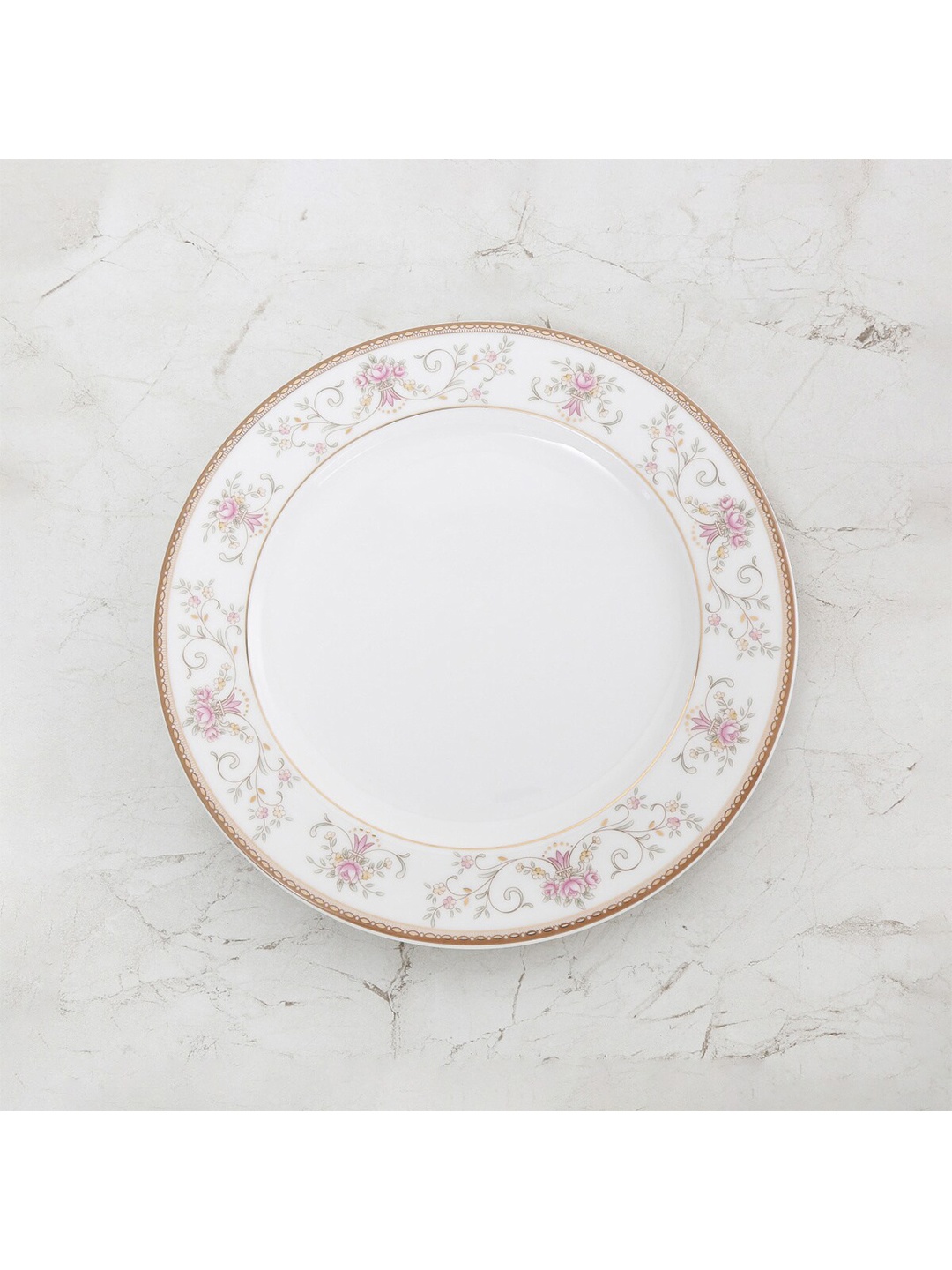 

Home Centre White & Pink Printed Bone China Glossy Dinner Plate