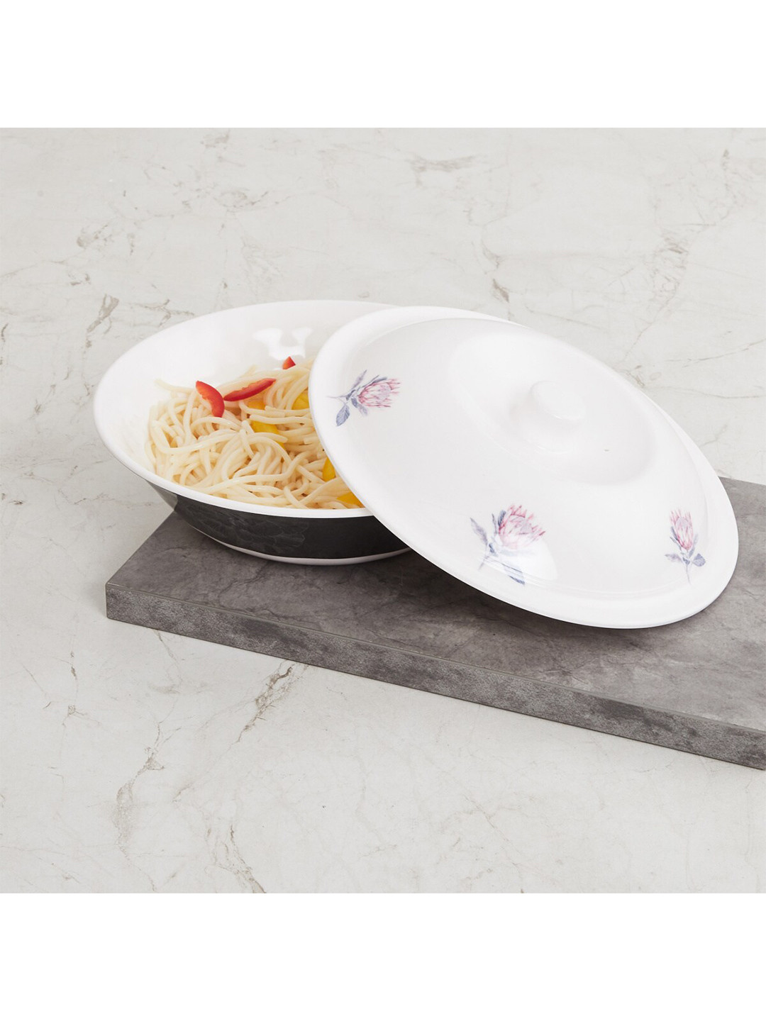 

Home Centre White & Black Printed Glass Glossy Bowl with Lid