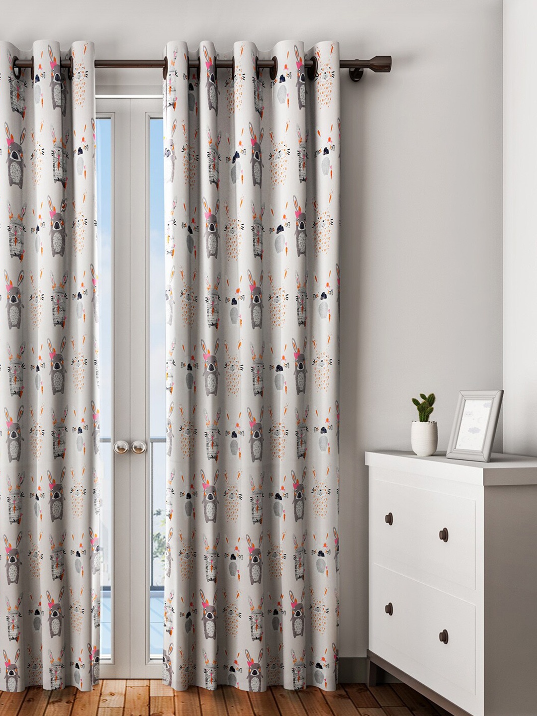

URBAN DREAM Grey & Pink Rabbit Printed Long Door Curtain
