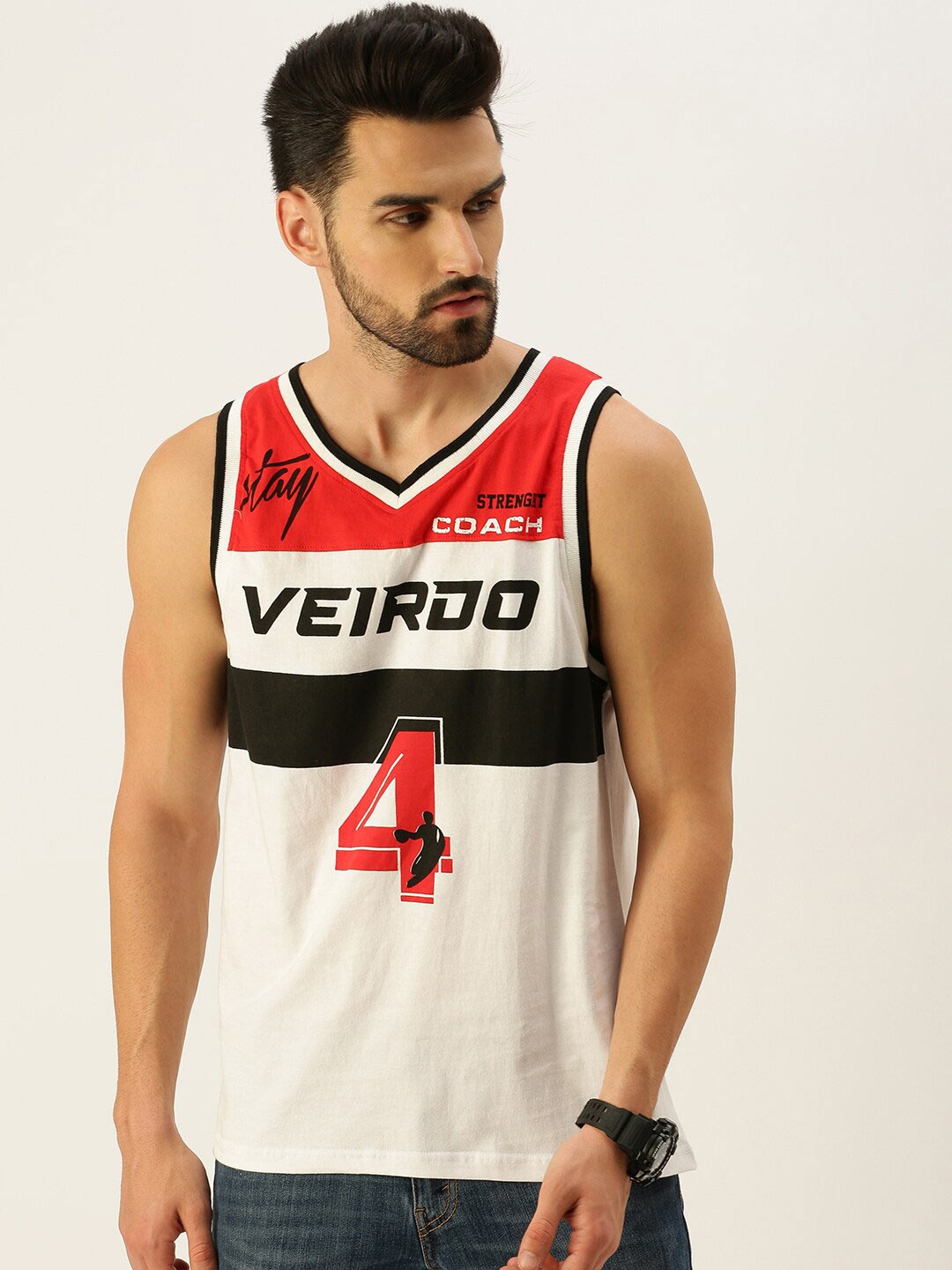 

VEIRDO Men White & Red Typography Printed V-Neck Sleeveless T-shirt