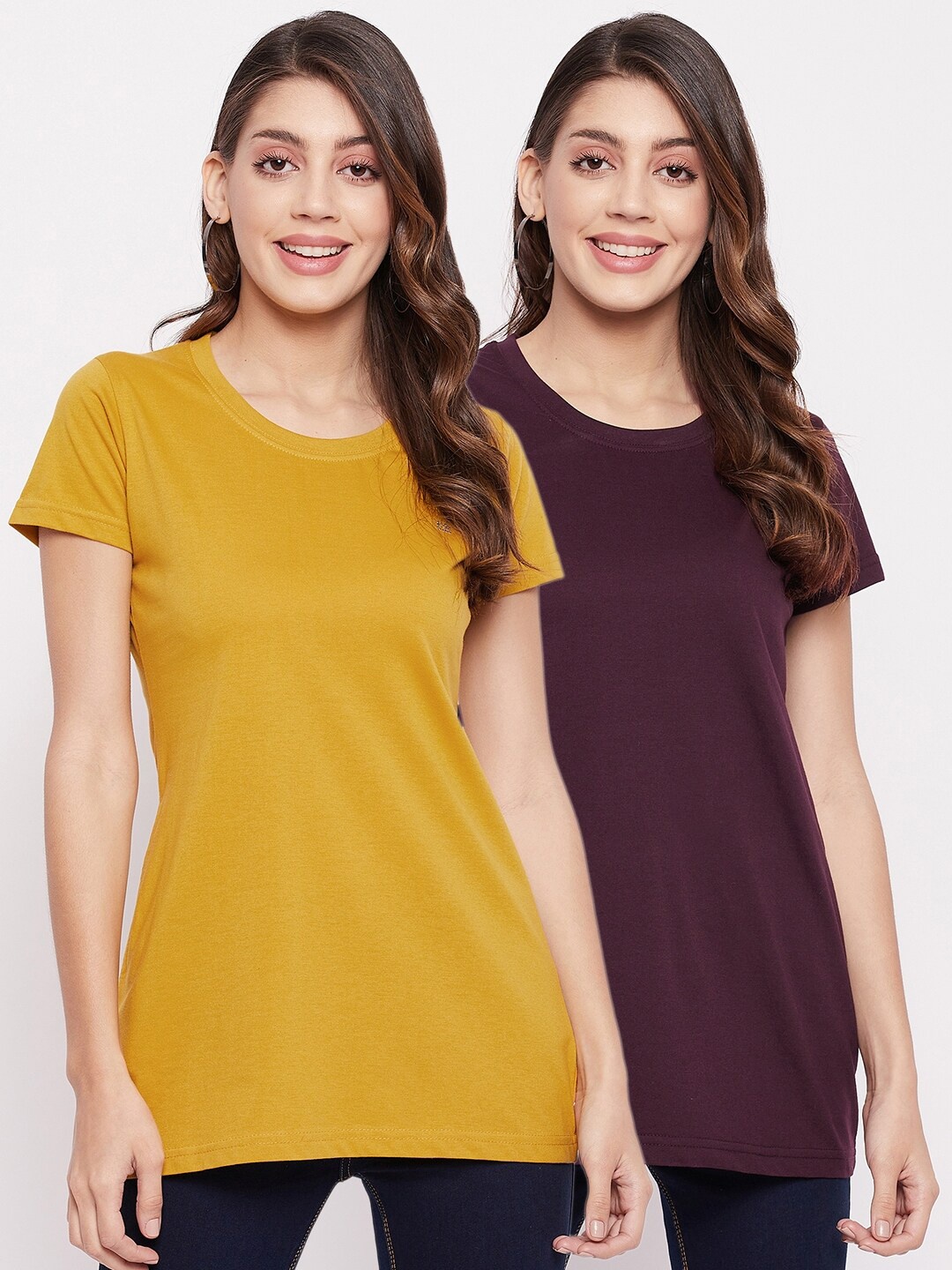 

Okane Women Mustard Yellow & Burgundy Set Of 2 T-shirt