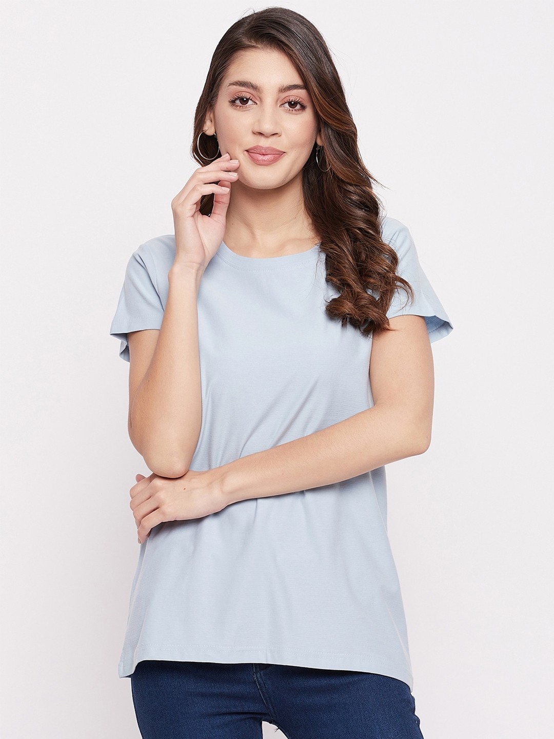 

Okane Women Blue Solid Cotton T-shirt