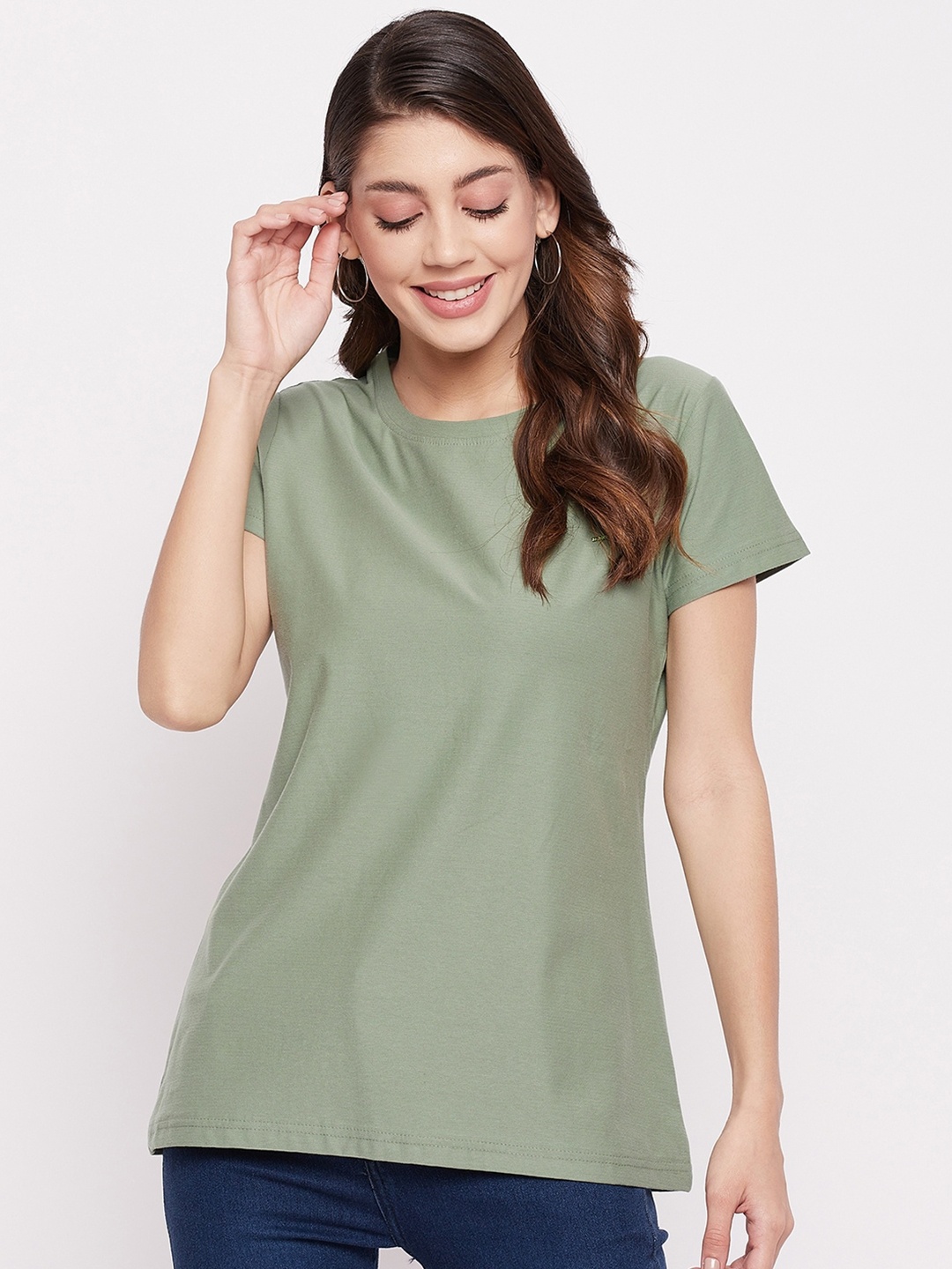 

Okane Women Olive Green Solid Cotton T-shirt