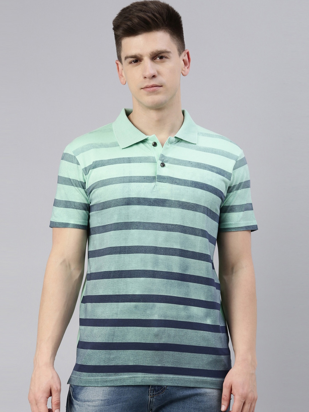 

Kryptic Men Green Striped Polo Collar T-shirt