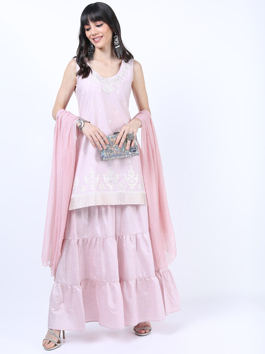 

Vishudh Women Pink Printed Kurta With Palazzo & Dupatta