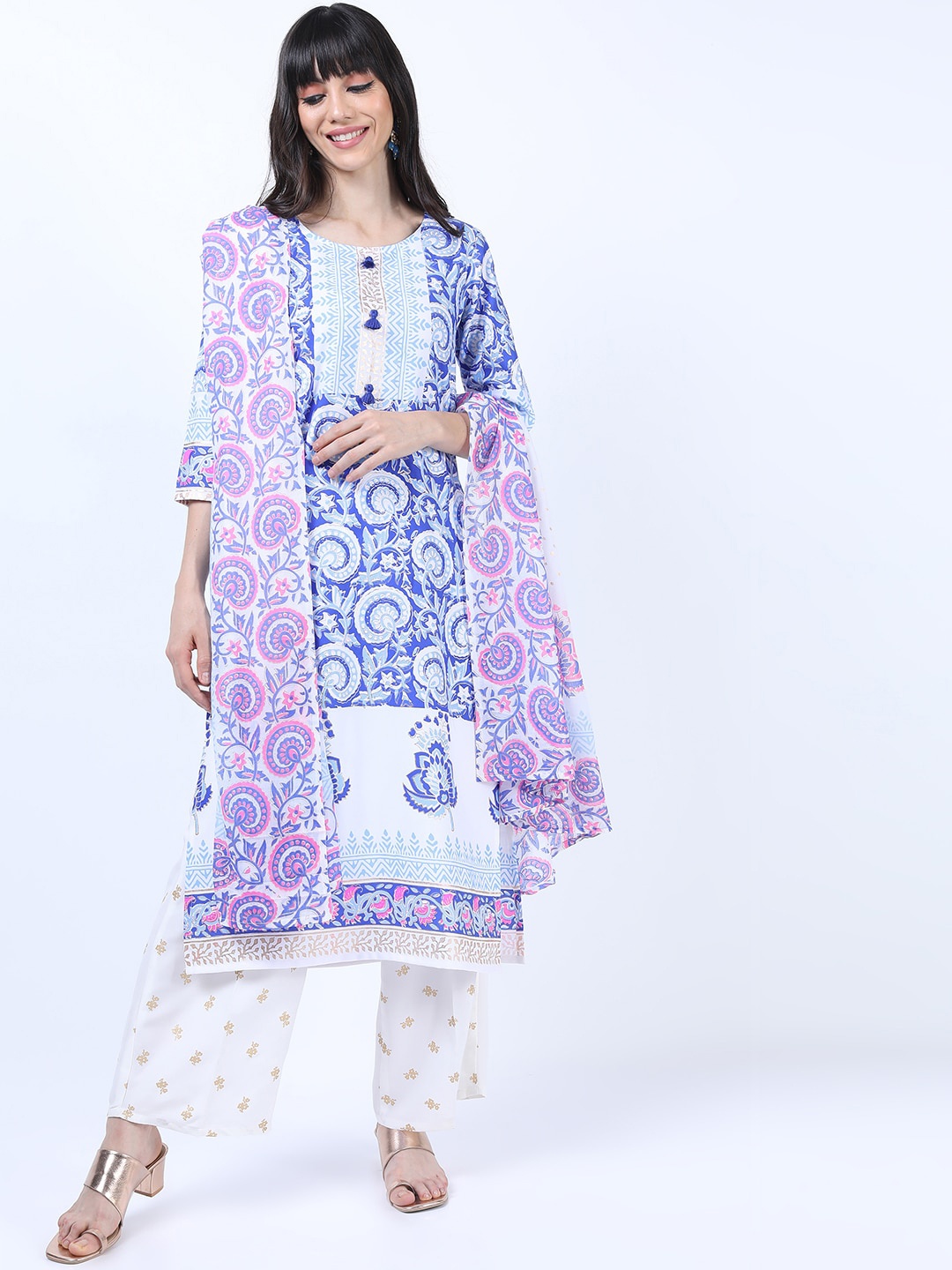 

Vishudh Women Blue Floral Printed Kurta With Trousers & Dupatta