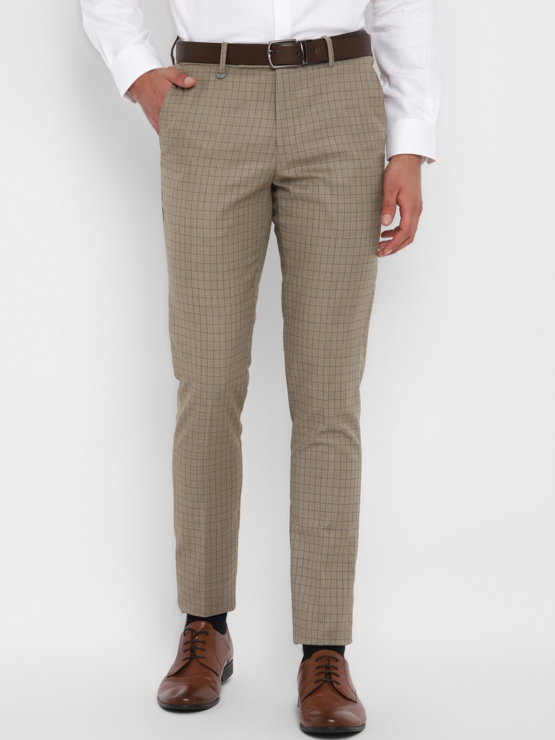 

Turtle Men Beige Checked Skinny Fit Formal Trousers