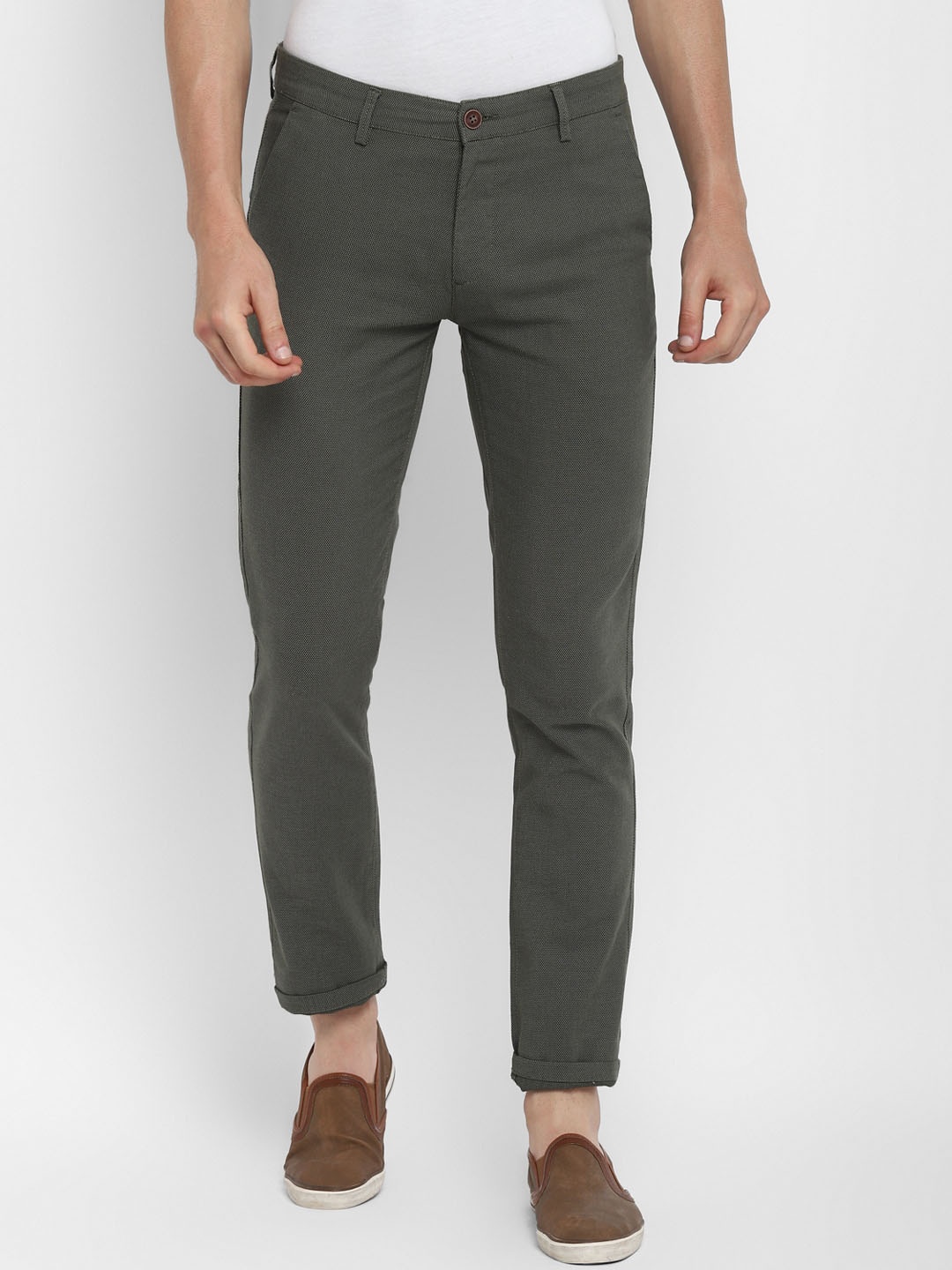 

Turtle Men Olive Green Solid Skinny Fit Cotton Trousers