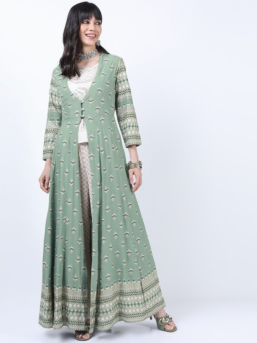 

Vishudh Women Floral Longline Shrug, Green