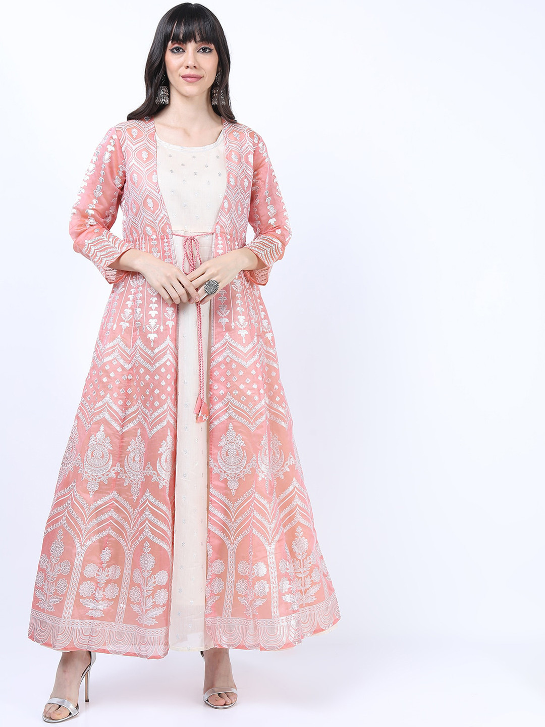 

Vishudh Women Peach-Coloured Silver-Coloured Ethnic Motifs Longline Open Front Jacket