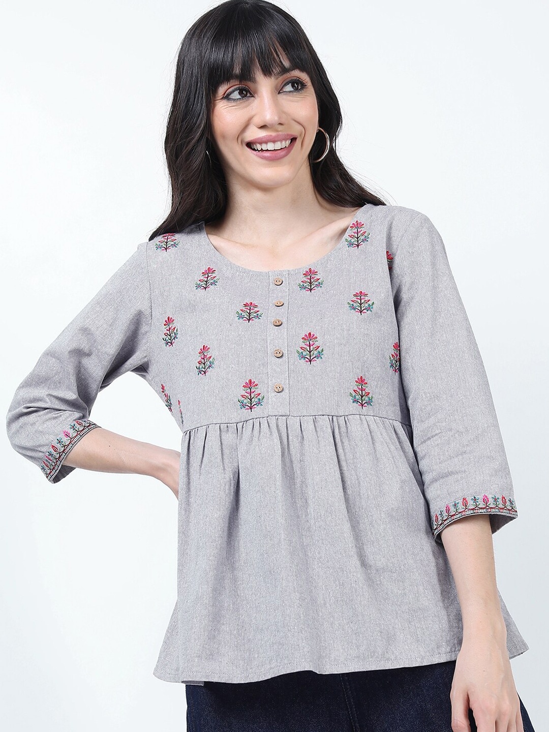 

Vishudh Grey Floral Embroidered Peplum Top