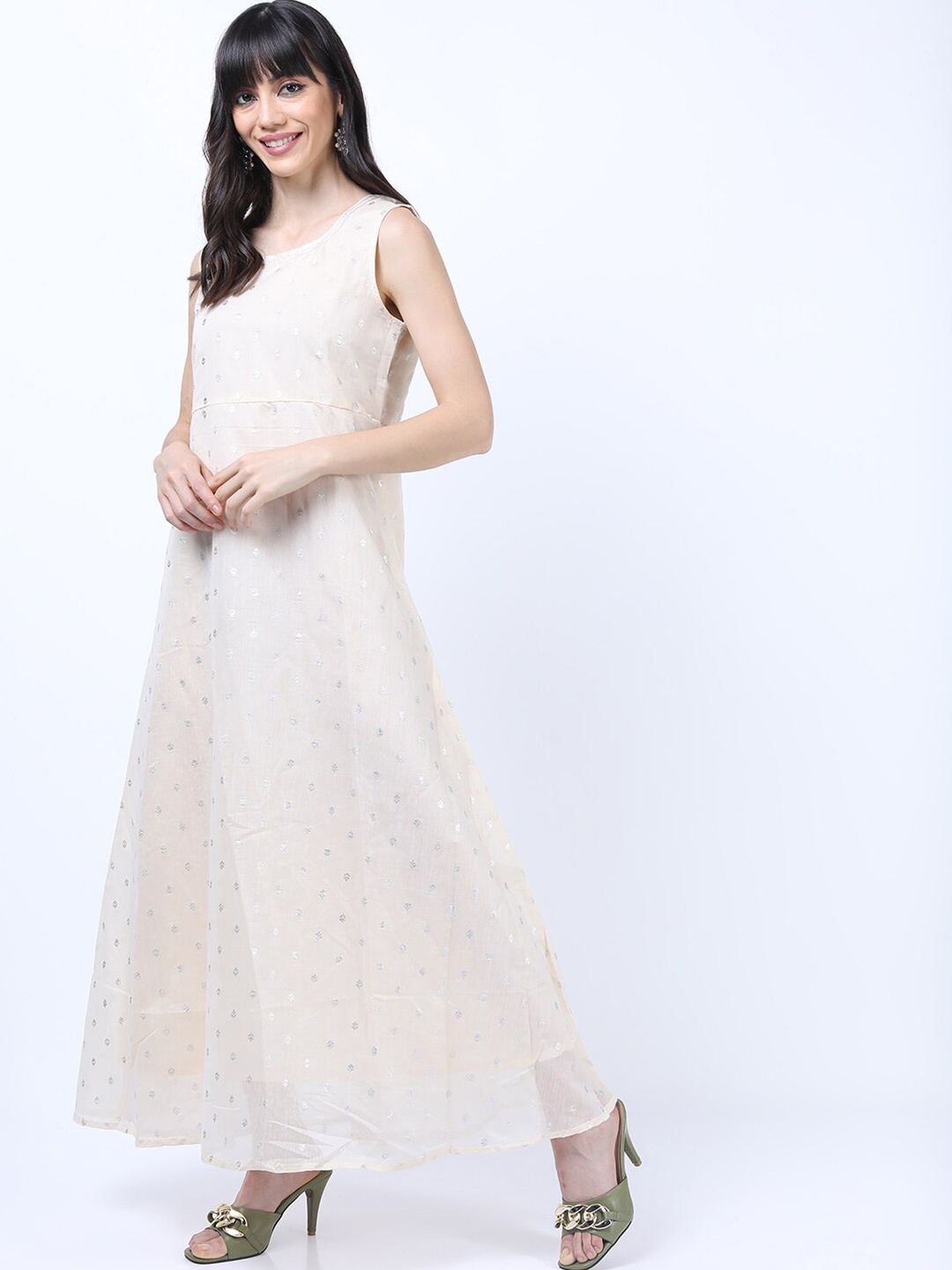 

Vishudh Women Off White & Silver Printed Maxi Dress