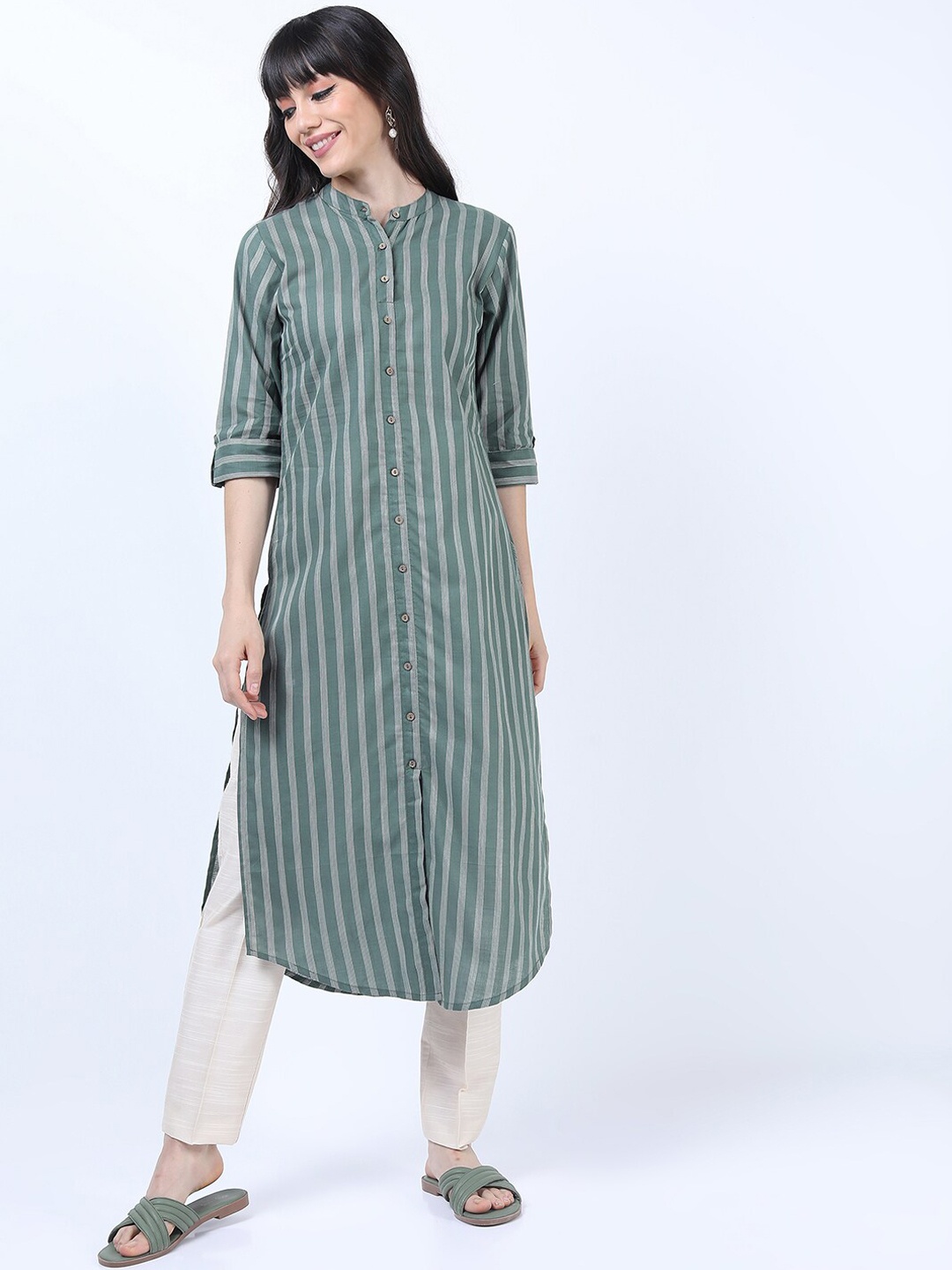 

Vishudh Olive Green Striped Thread Work Pathani Kurta