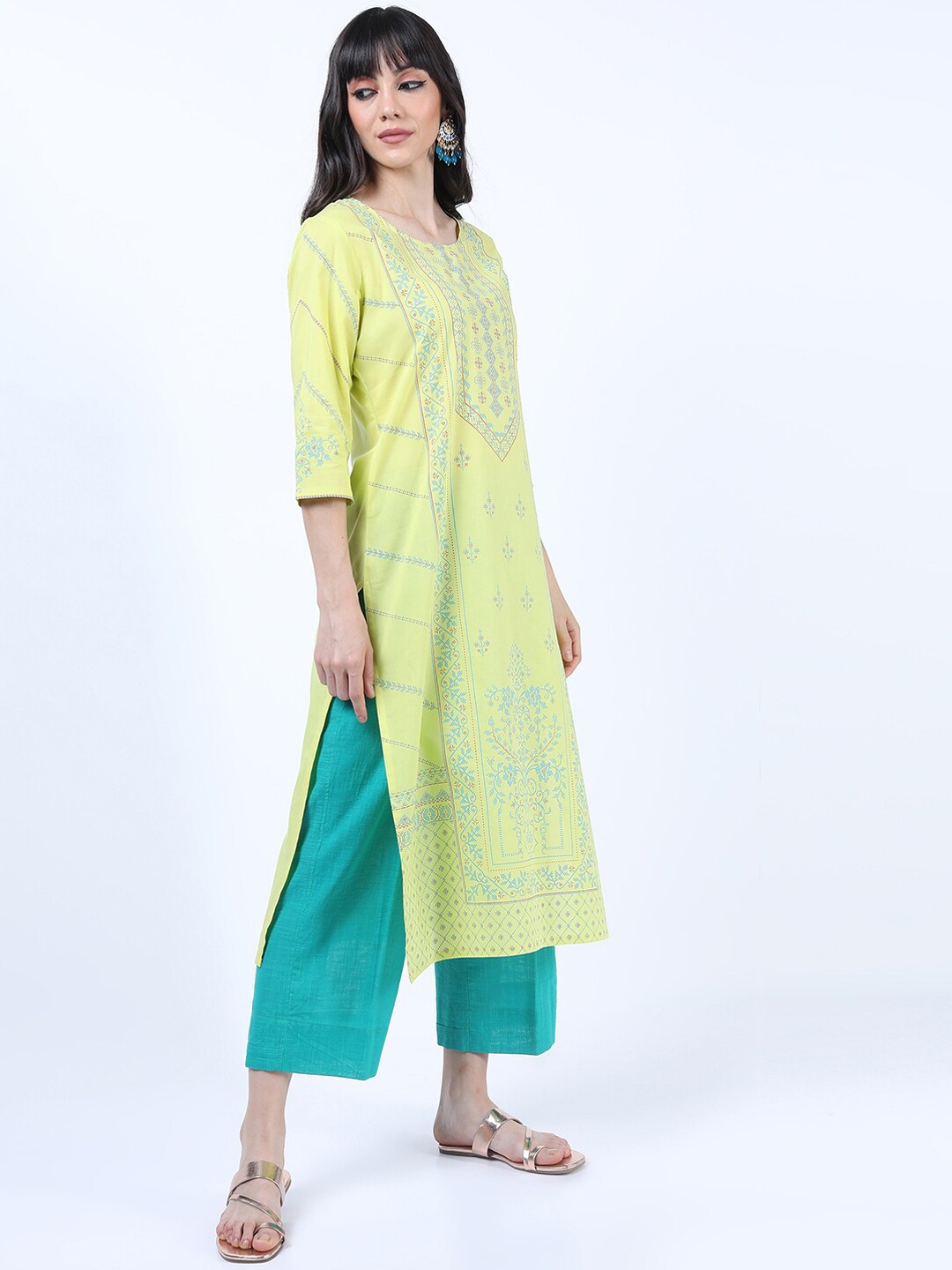 

Vishudh Lime Green Ethnic Motifs Pure Cotton Printed Kurta