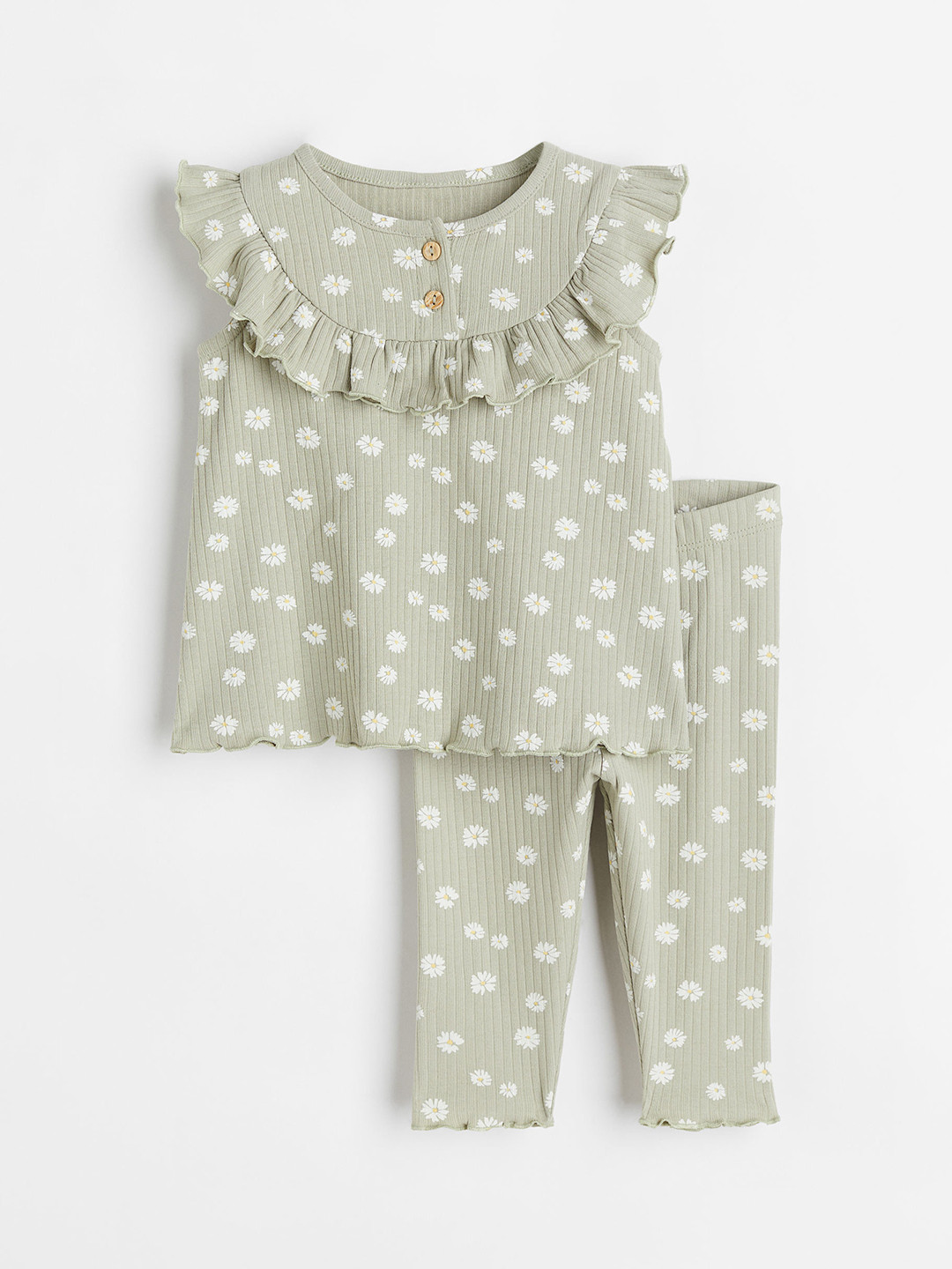 

H&M Girls Sage Green & White Printed 2-Piece Cotton Set