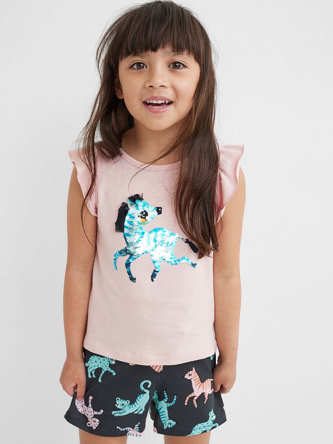 

H&M Girls Grey & Blue Printed Motif-Detail Pure Cotton Clothing Set