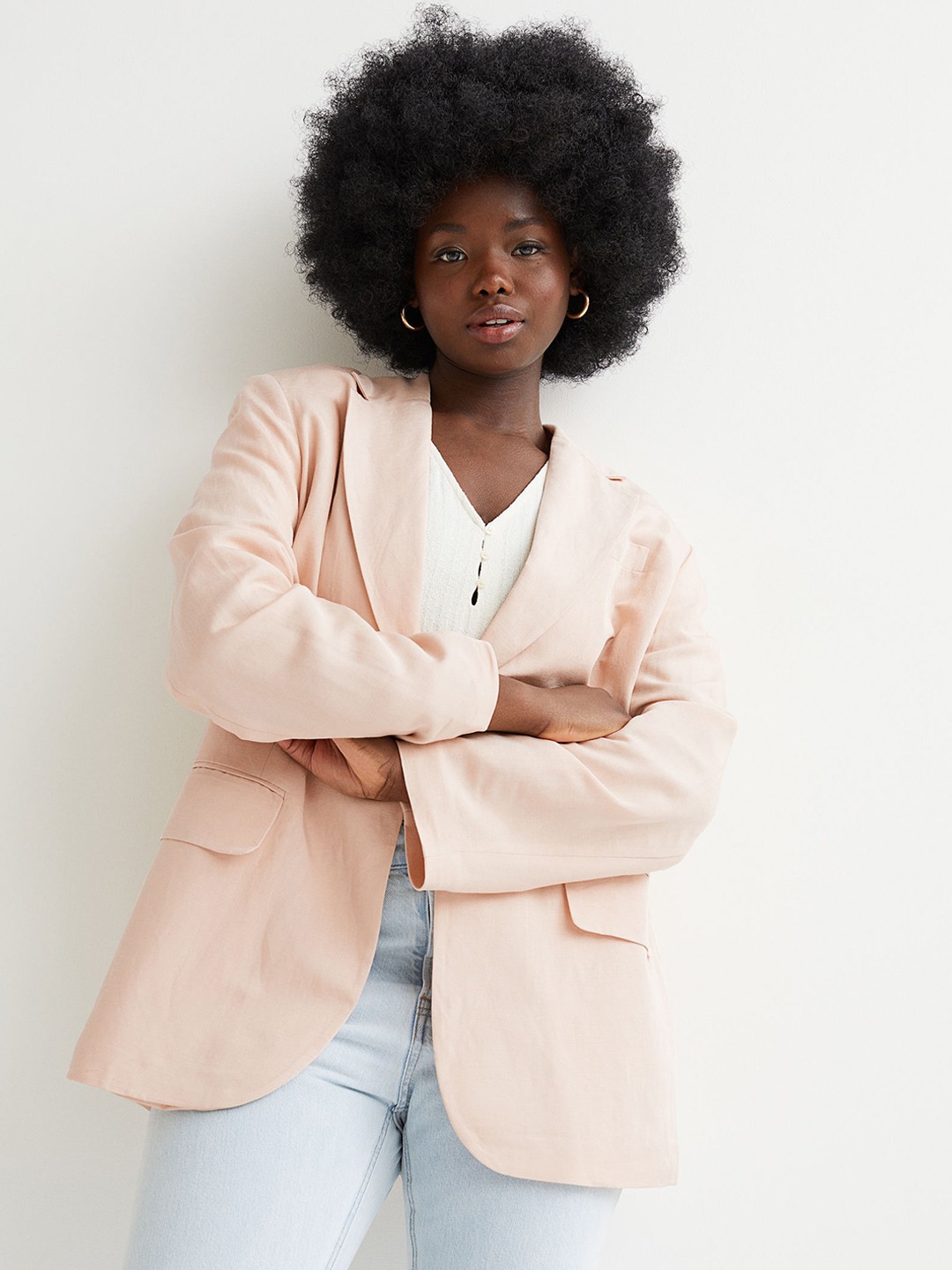 

H&M Women Beige Oversized Linen-Blend Jacket