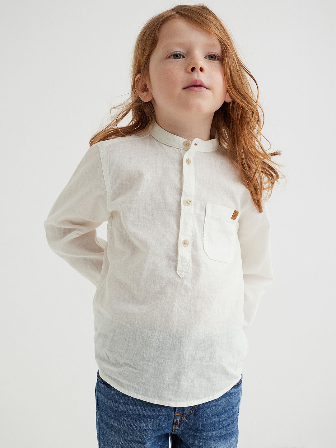 

H&M White Linen-Blend Grandad Shirt