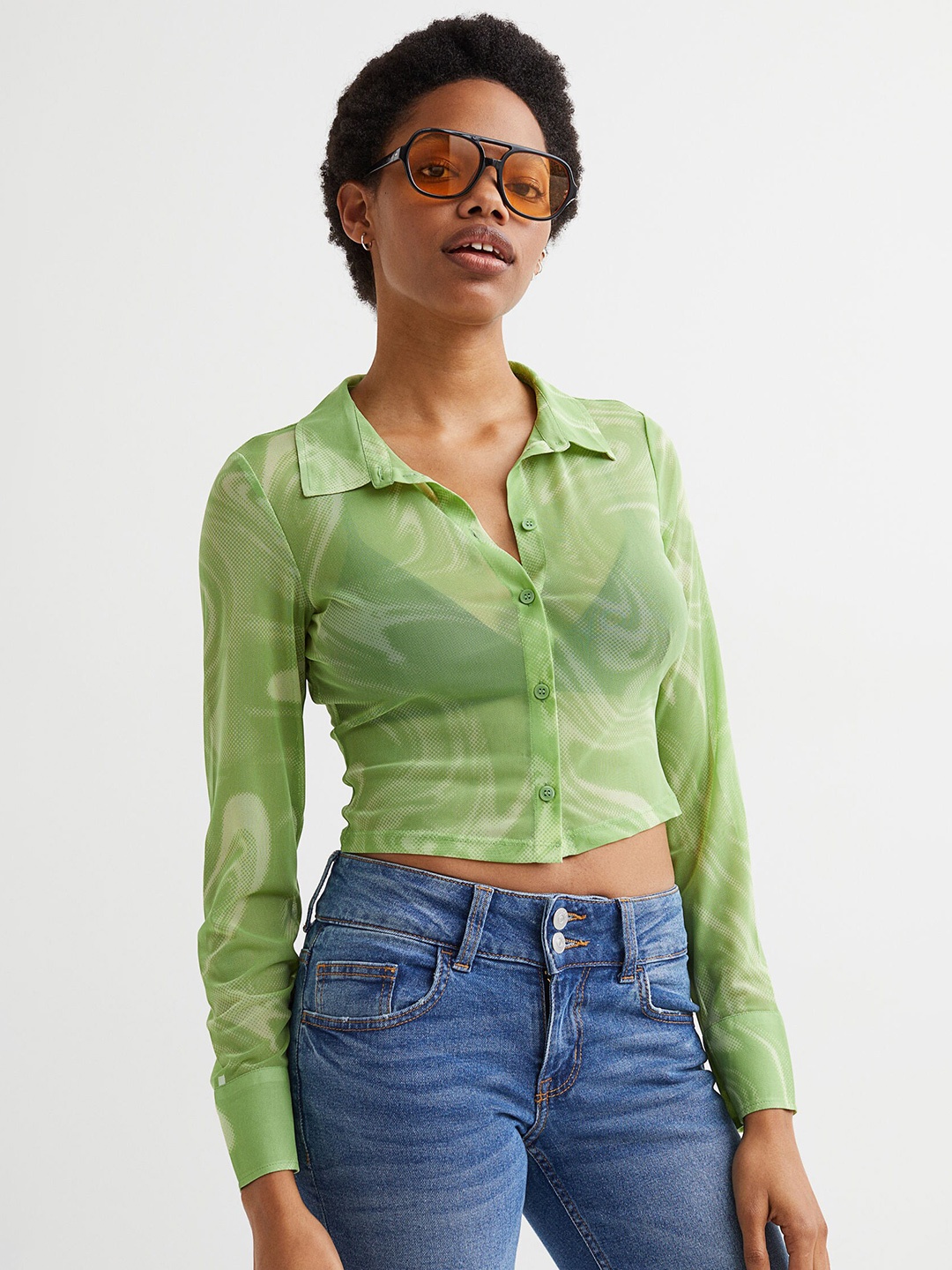 

H&M Women Green Printed Mesh Shirt
