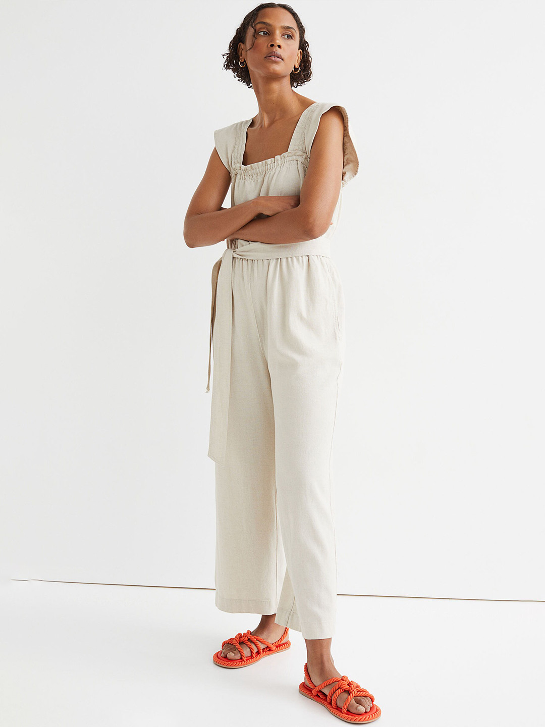 

H&M Women Beige Tie-Belt Jumpsuit