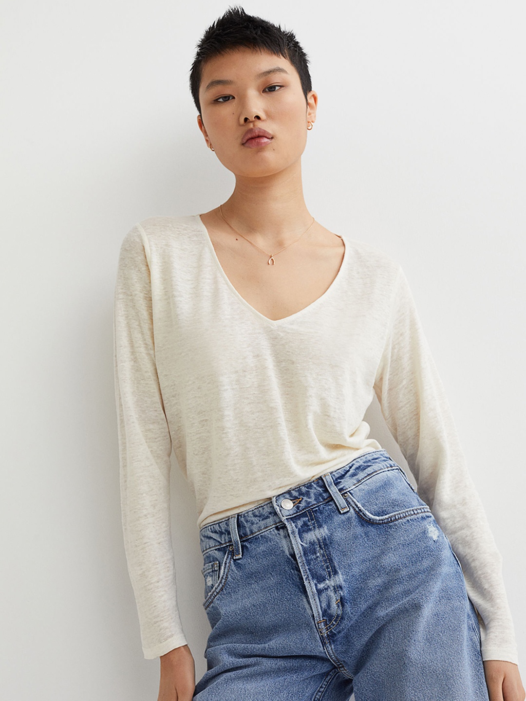 

H&M Women White Long-Sleeved Linen Jersey Top