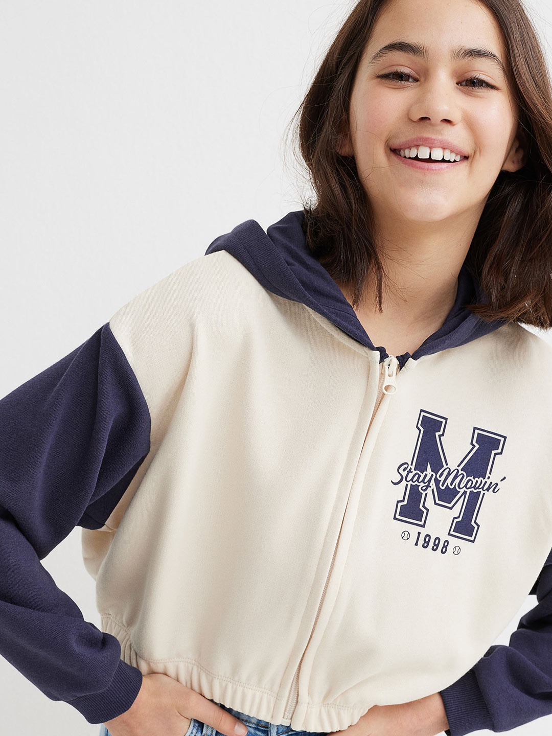 H&M Beige & Navy Blue Oversized Zip-Through Hoodie