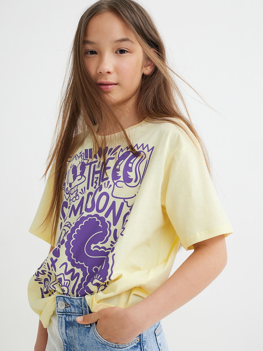 

H&M Girls Yellow & Purple Round Neck Printed T-shirt