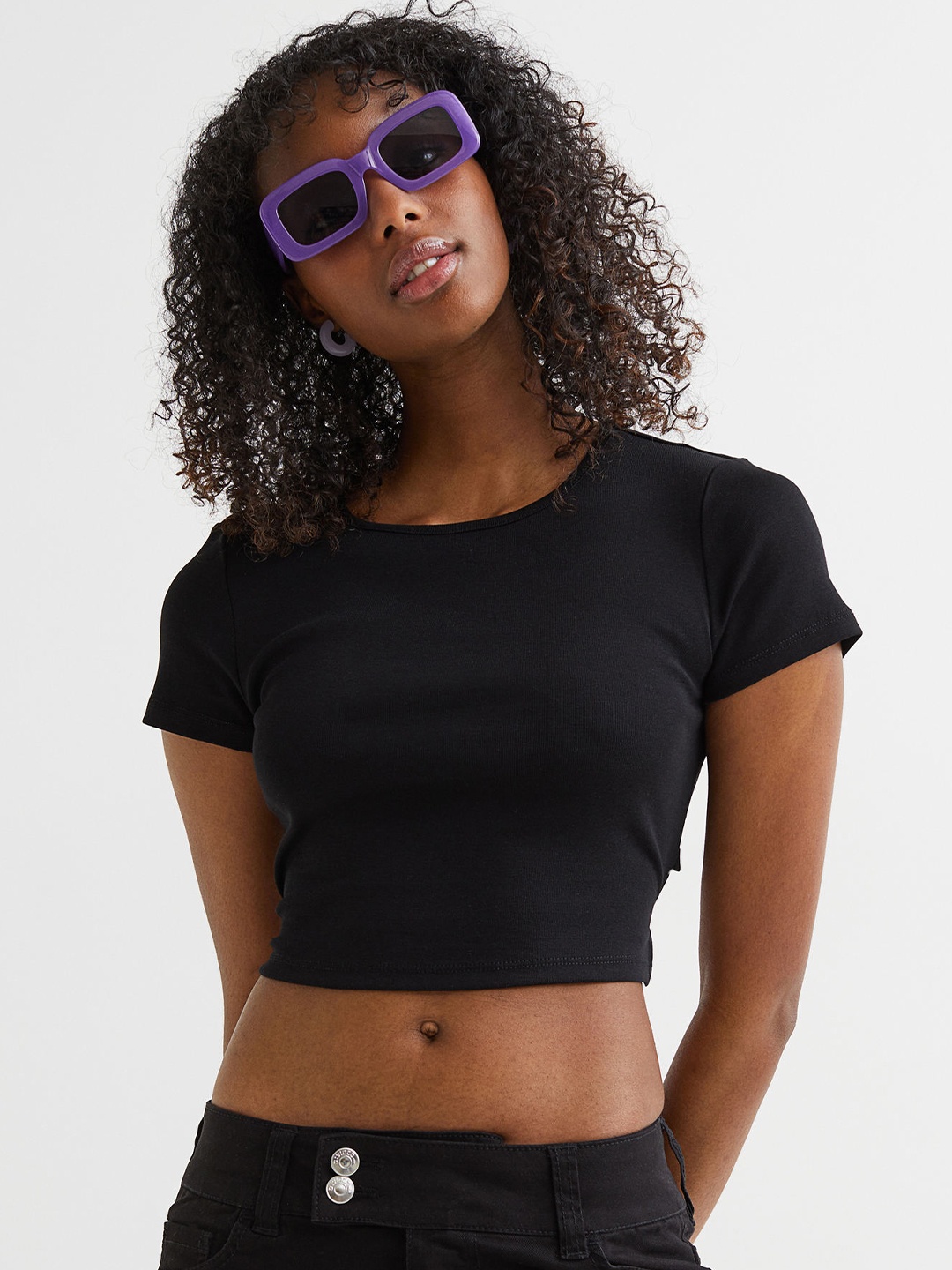 

H&M Black Cropped Tie-Hem T-Shirt