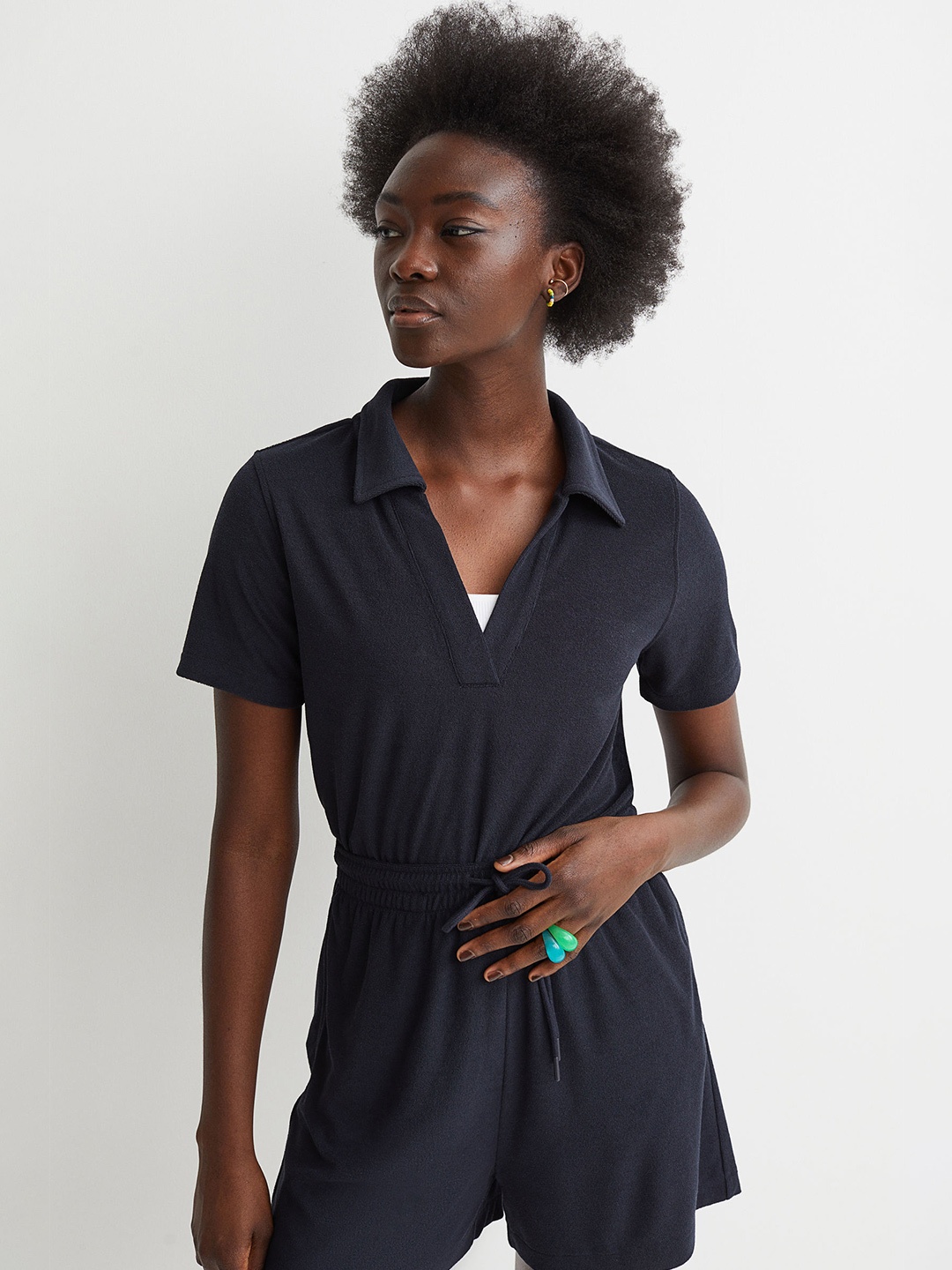 

H&M Women Navy Blue Terry Polo Shirt