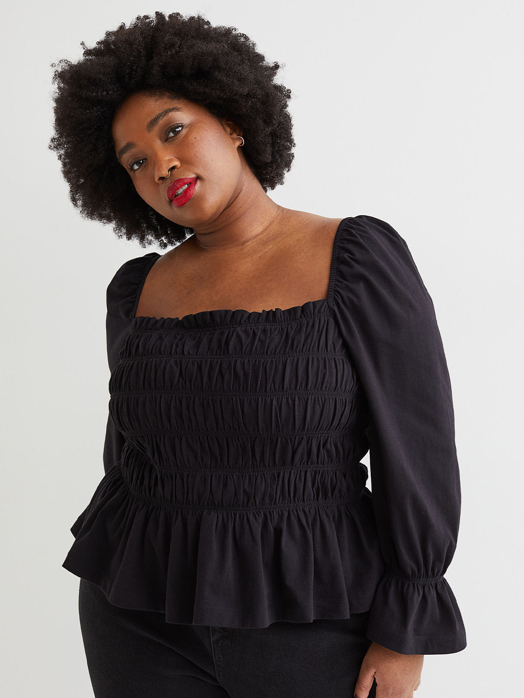 

H&M+ Women Black Smocked Top