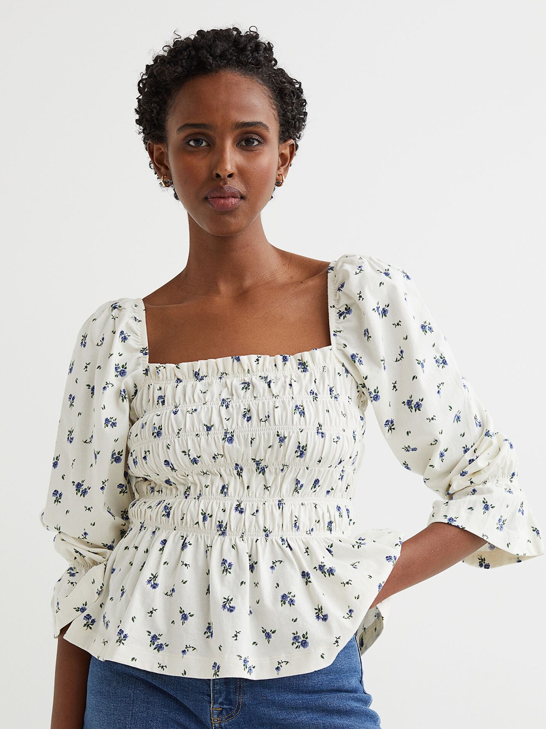 

H&M Women Off White & Blue Printed Square Neck Cotton Peplum Smocked Top